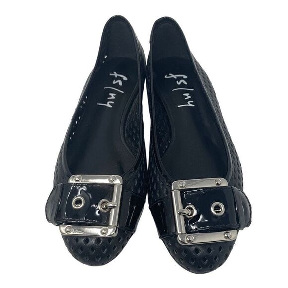 FS/NY 5.5 Black Waffle Ballet Flats Shoes Pointed Toes Silver Tone Buckle - Picture 3 of 8